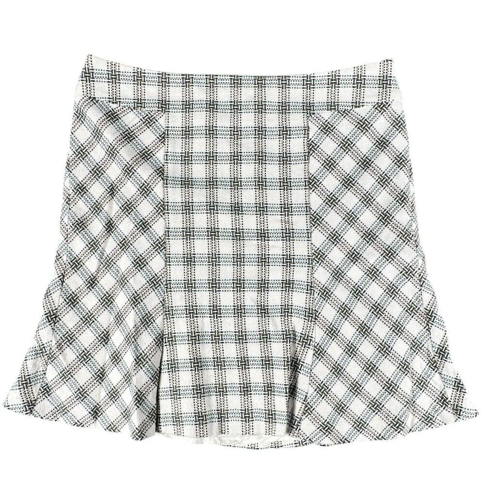 Ann Taylor LOFT  Sz 16 Plaid Skirt Ivory Teal Brown Flared Trumpet Mini Textured